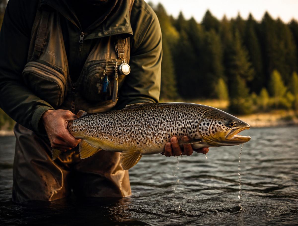 Fishing guide holding a brown trout at golden hour