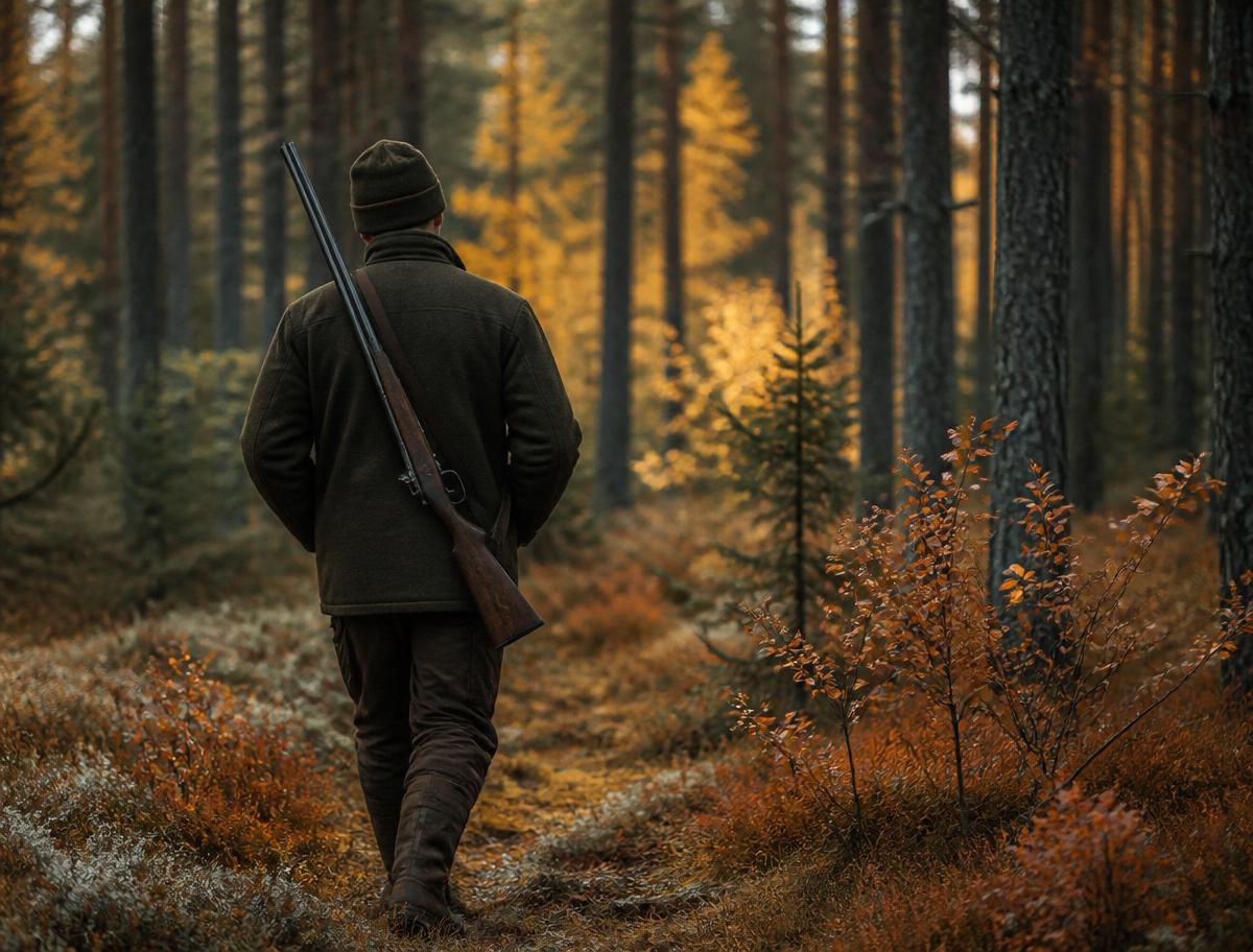 Hunter walking through an autumn pine forest