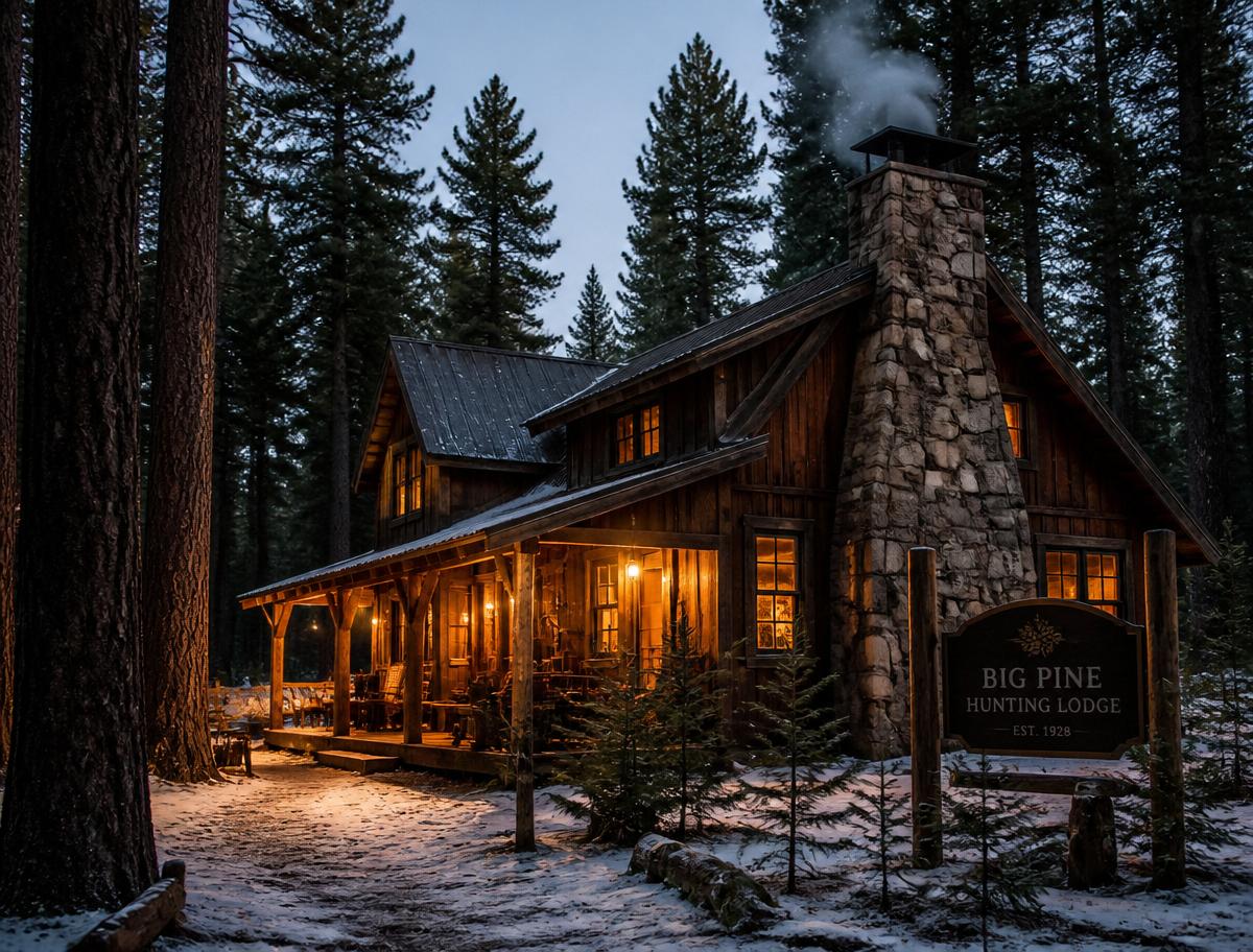 Rustic hunting lodge glowing at dusk in the pines
